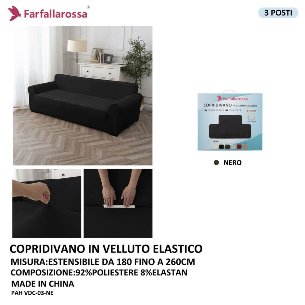 COPRIDIVANO IN VELLUTO ELASTICO 3PS NEROFarfallaRossa