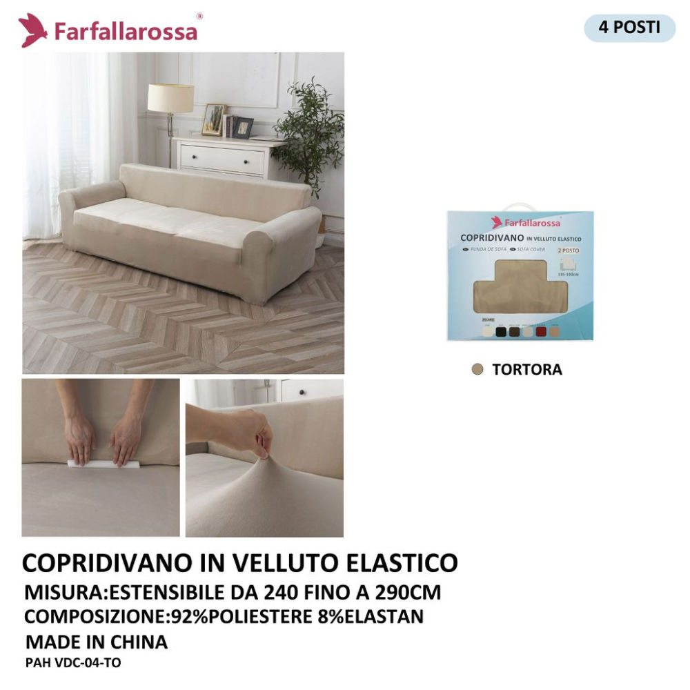 COPRIDIVANO IN VELLUTO ELASTICO 4PS TORTORAFarfallaRossa
