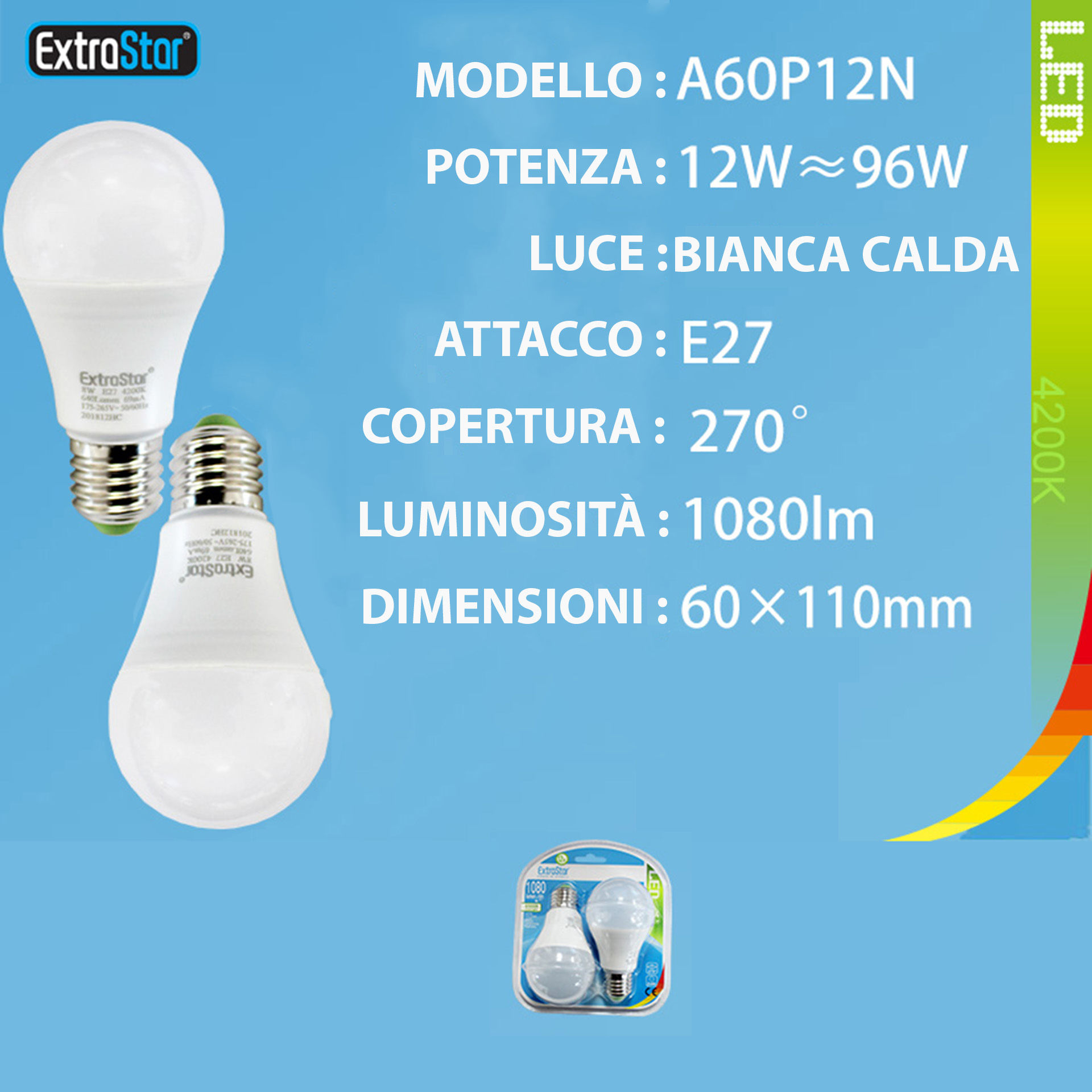 LAMPADINA LED E27 12W 1080LM 4200K  2PZExtrastar