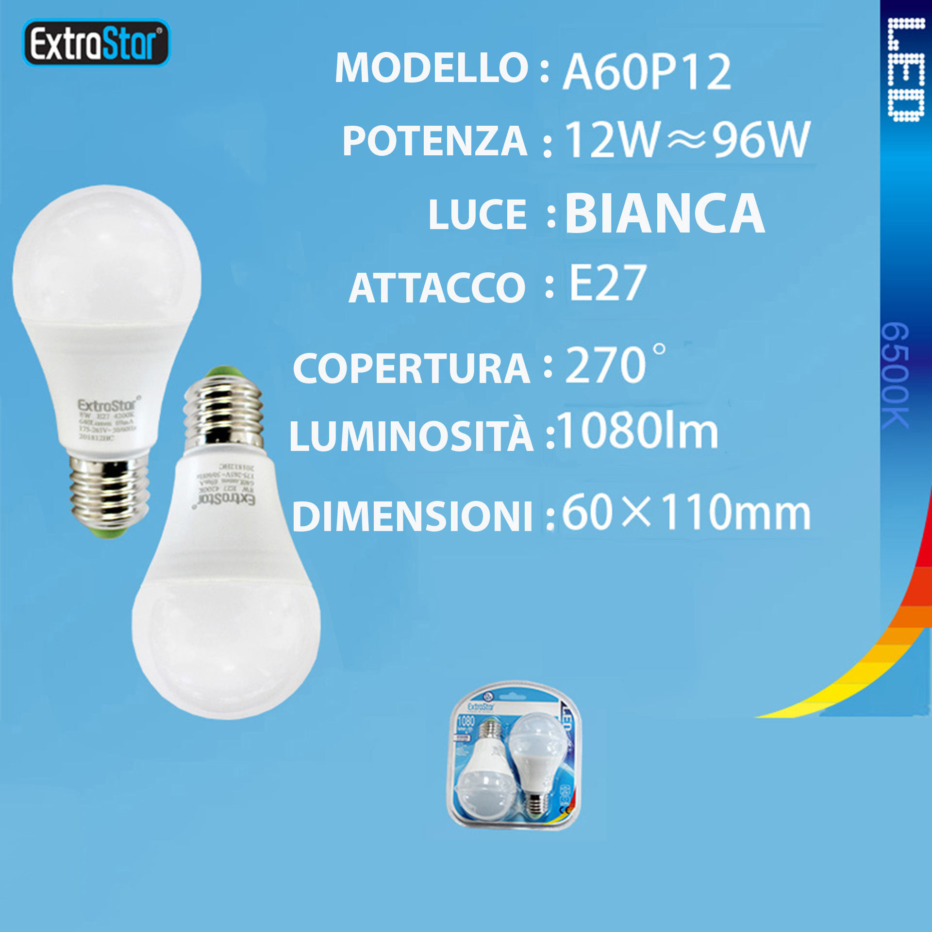 LAMPADINA LED E27 12W 1080LM 6500K  2PZExtrastar