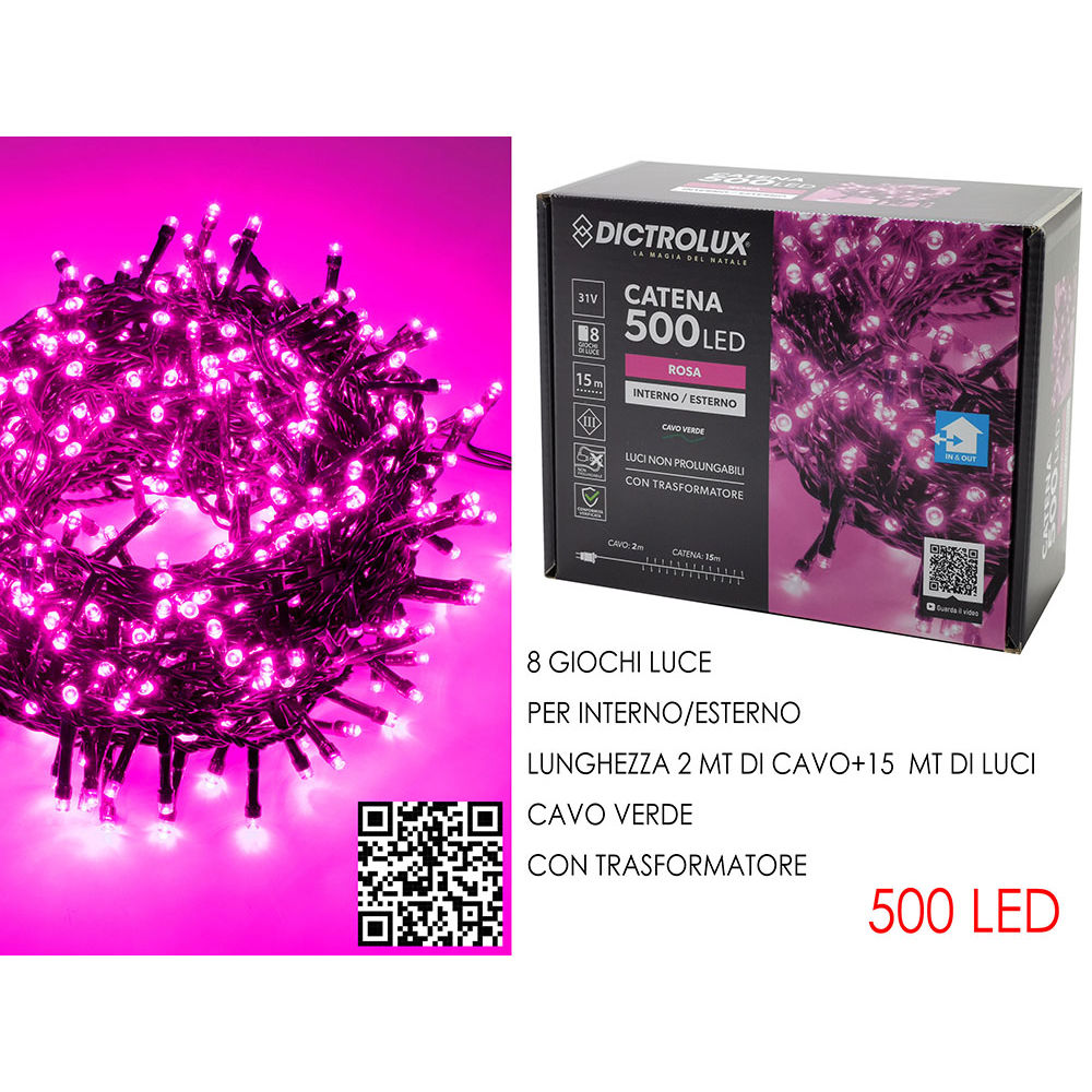 Catena Verde 500 LED Rosa - Esterno 15mDictrolux