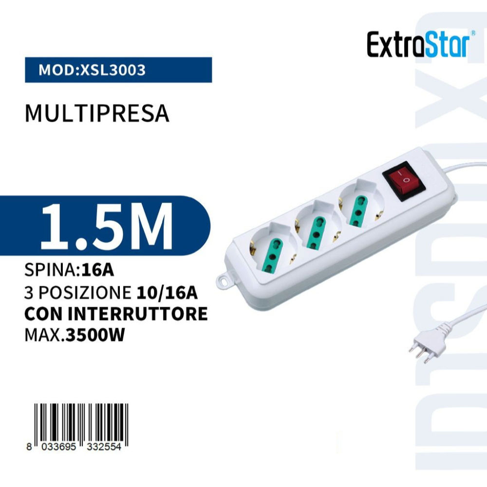 Multipresa 3 Posizioni con Interruttore - 1,5mExtrastar