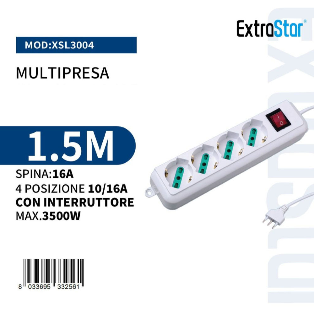 Multipresa 4 Posizioni con Interruttore - 1,5mExtrastar