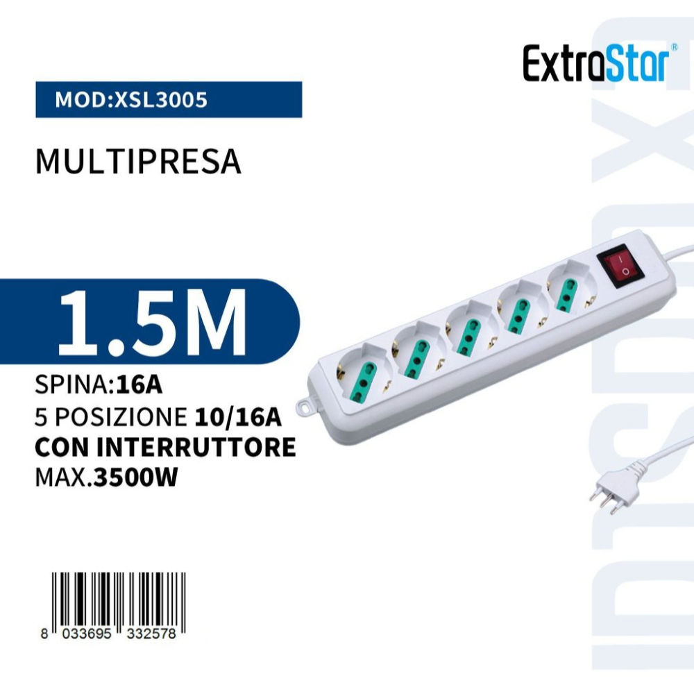 Multipresa 5 Posizioni con Interruttore - 1,5mExtrastar