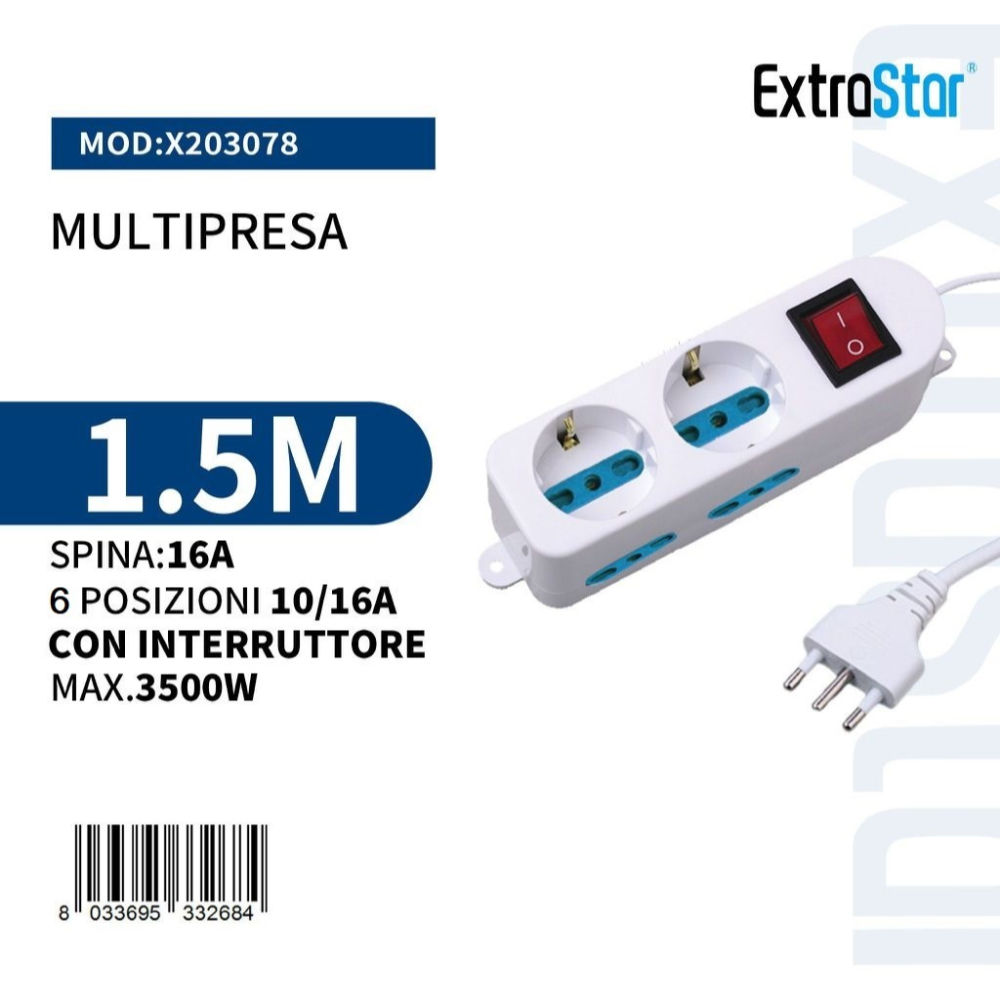 Multipresa 6 Posizioni 10/16A con Interruttore Spian 16A - 1,5mExtrastar