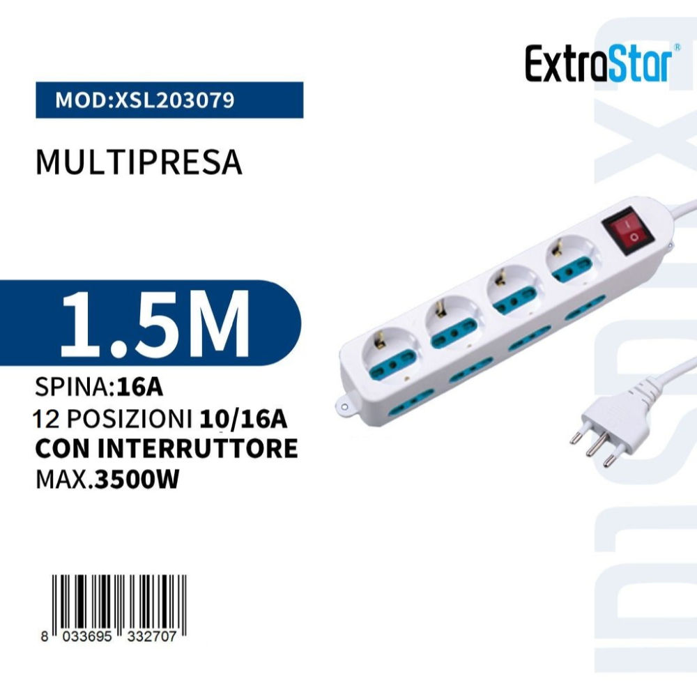 Multipresa 12 Posizioni con Interruttore Spian 16A - 1,5mExtrastar