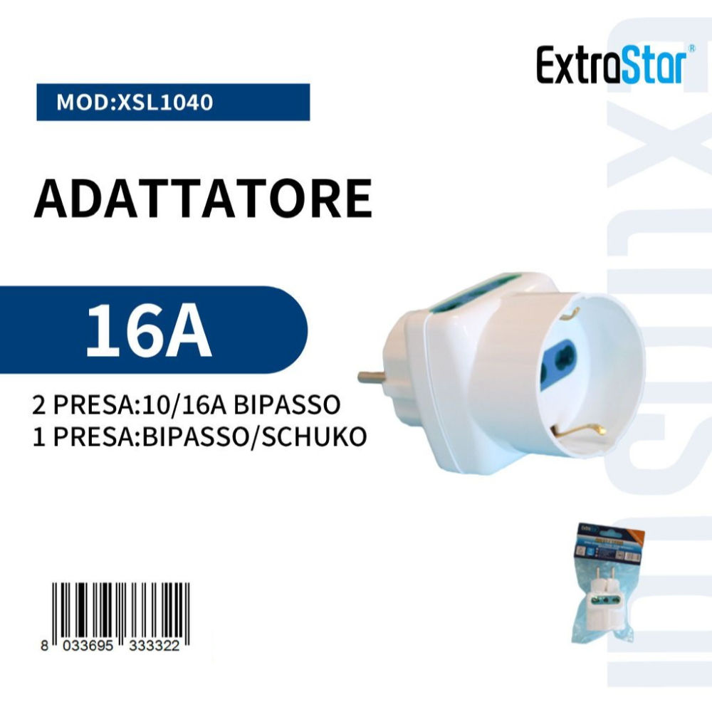 Adattatore Spina Schuko - 2 Prese 10/16A + 1 SchukoExtrastar
