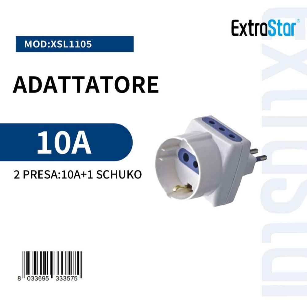 Adattatore Spina 10A - 2 Prese 10A + Presa SchukoExtrastar