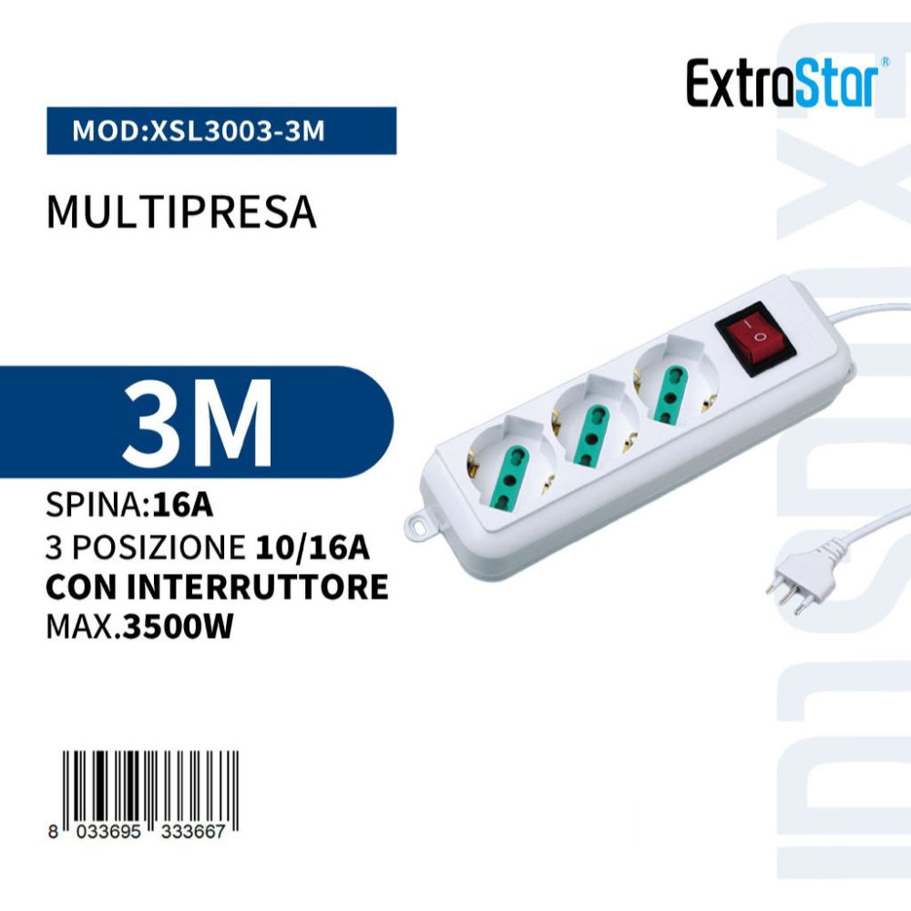 Multipresa 3 Posizioni con Interruttore - 3mExtrastar