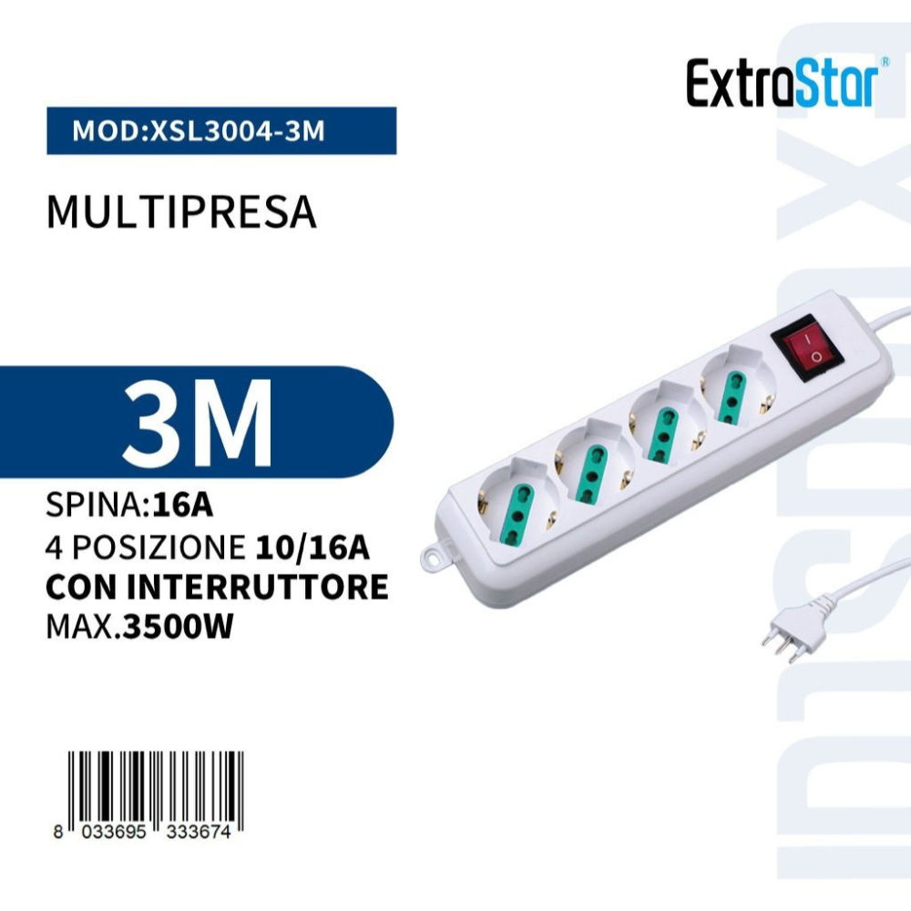 Multipresa 4 Posizioni con Interruttore - 3mExtrastar