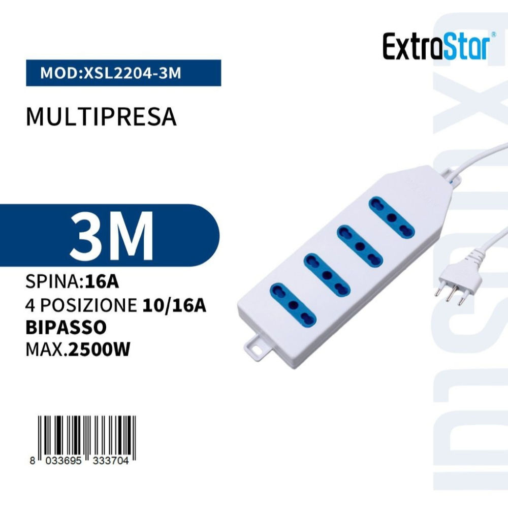Multipresa 4 Posizioni 10/16A Bipasso Spina 16A - 3mExtrastar