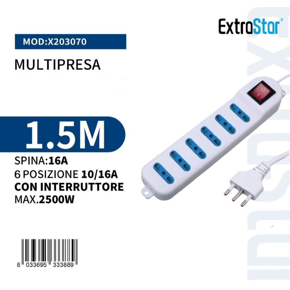 Multipresa 6 Posizioni  10/16A con Interruttore Spian 16A - 1,5mExtrastar