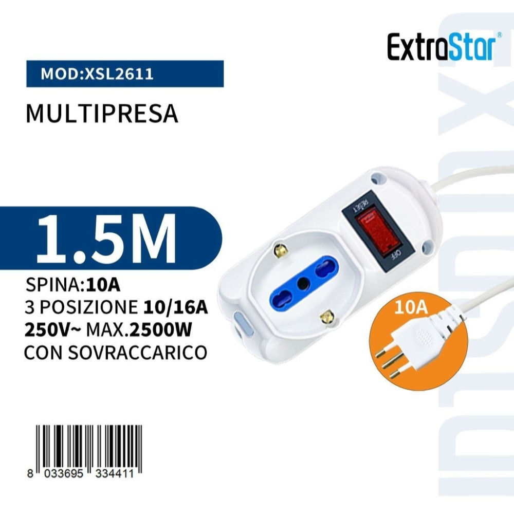 Multipresa 3 Posizioni 10/16A + Schuko Spina 10A con Sovraccarico - 1,5mExtrastar