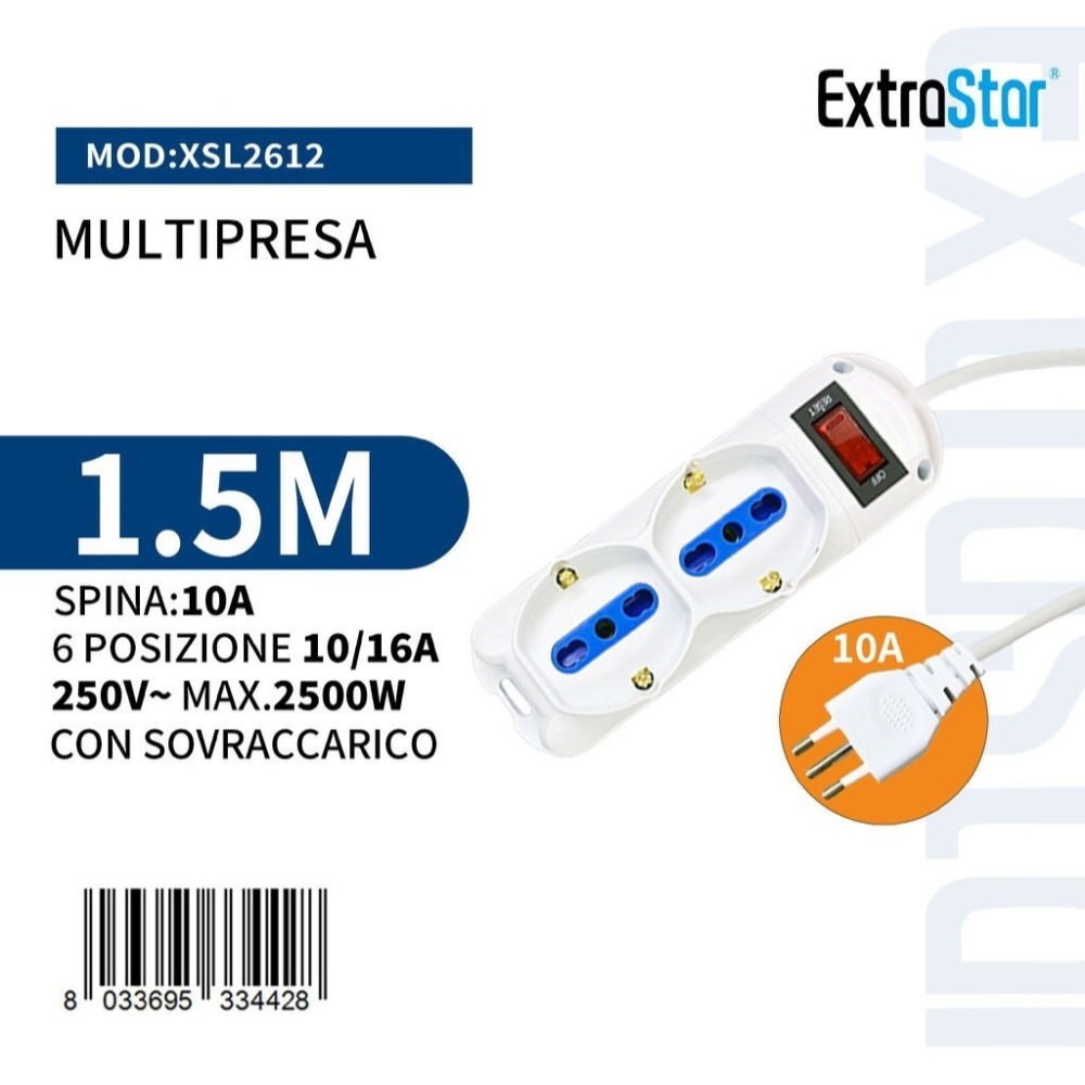 Multipresa 6 Posizioni 10/16A + Schuko Spina 10A con Sovraccarico - 1,5mExtrastar