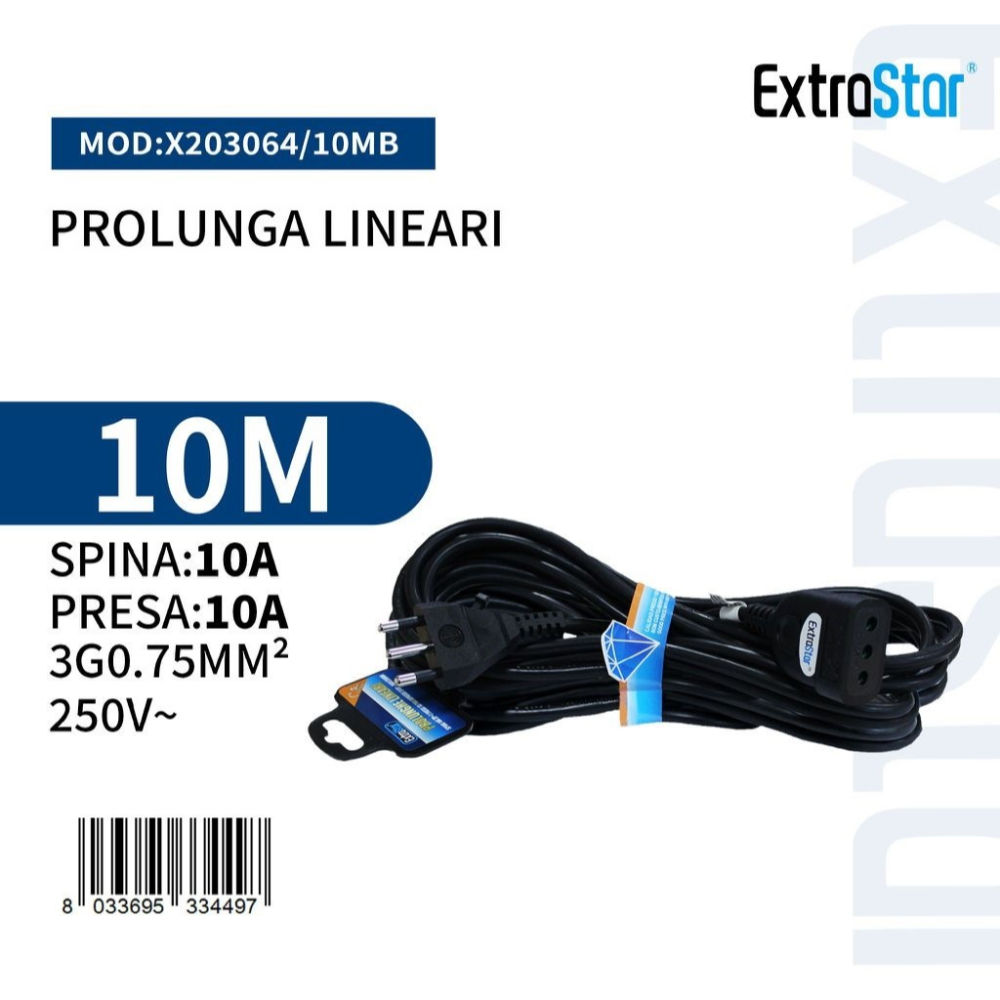 Prolunga Lineare Spina/Presa 10A 3x1.0mm² - 10m NeraExtrastar
