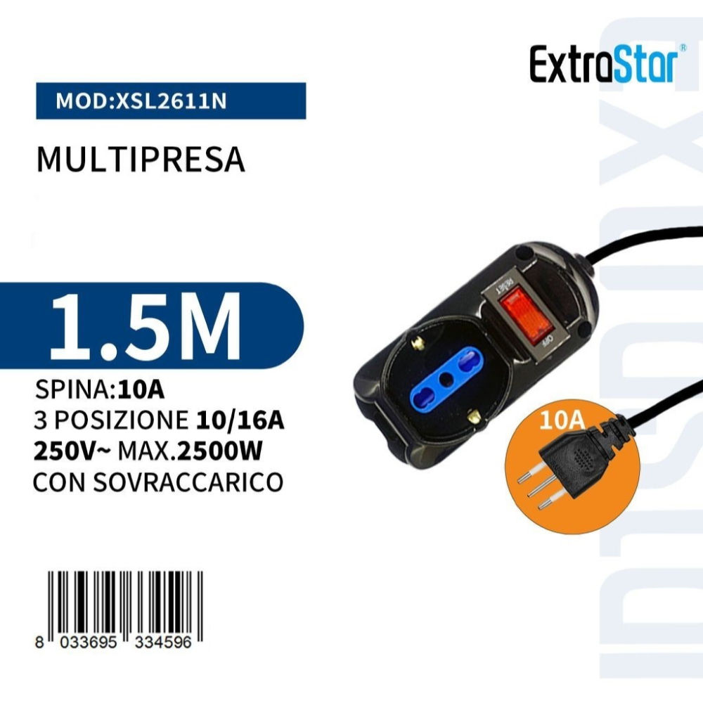 Multipresa 3 Posizioni 10/16A + Schuko Spina 10A con Sovraccarico - 1,5m NeroExtrastar