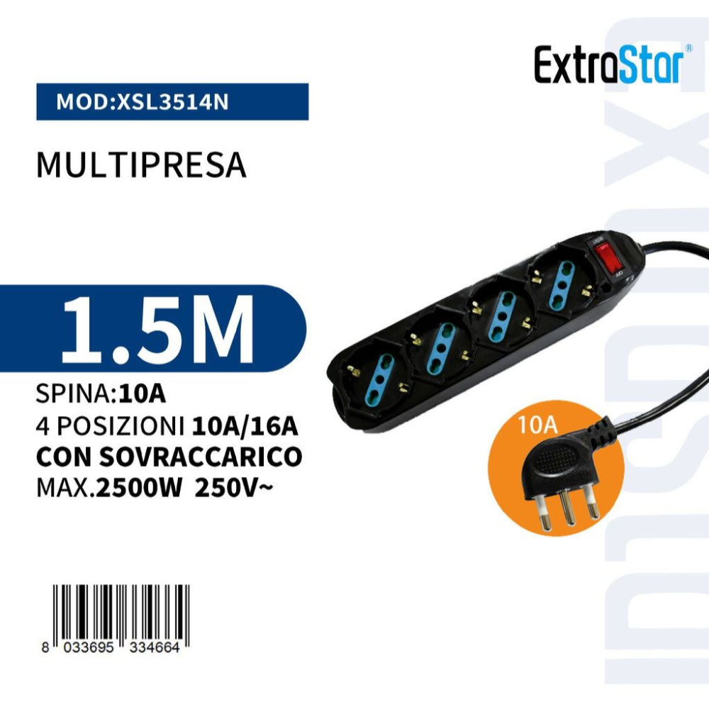 Multipresa 4 Posizioni 10/16A Spina 10A con Sovraccarico - 1,5m neroExtrastar