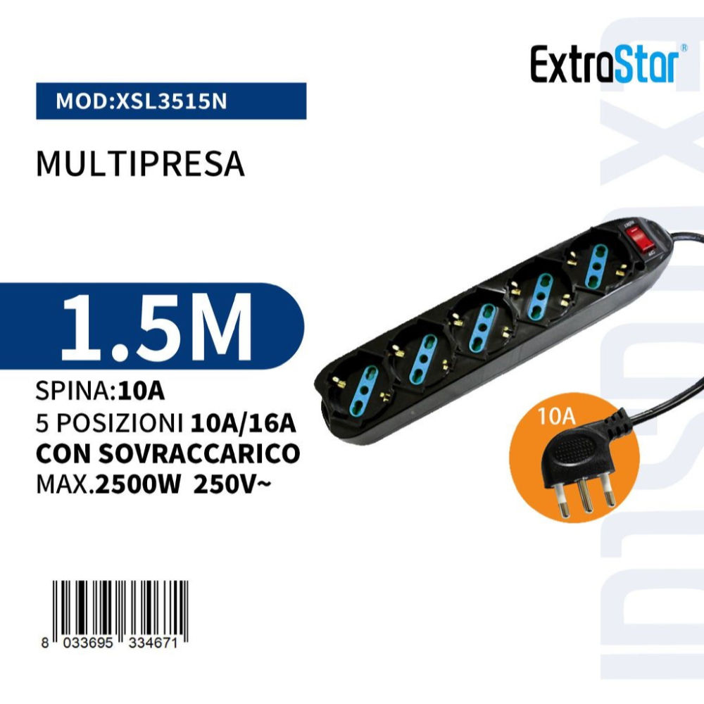 Multipresa 5 Posizioni 10/16A Spina 10A con Sovraccarico - 1,5m neroExtrastar