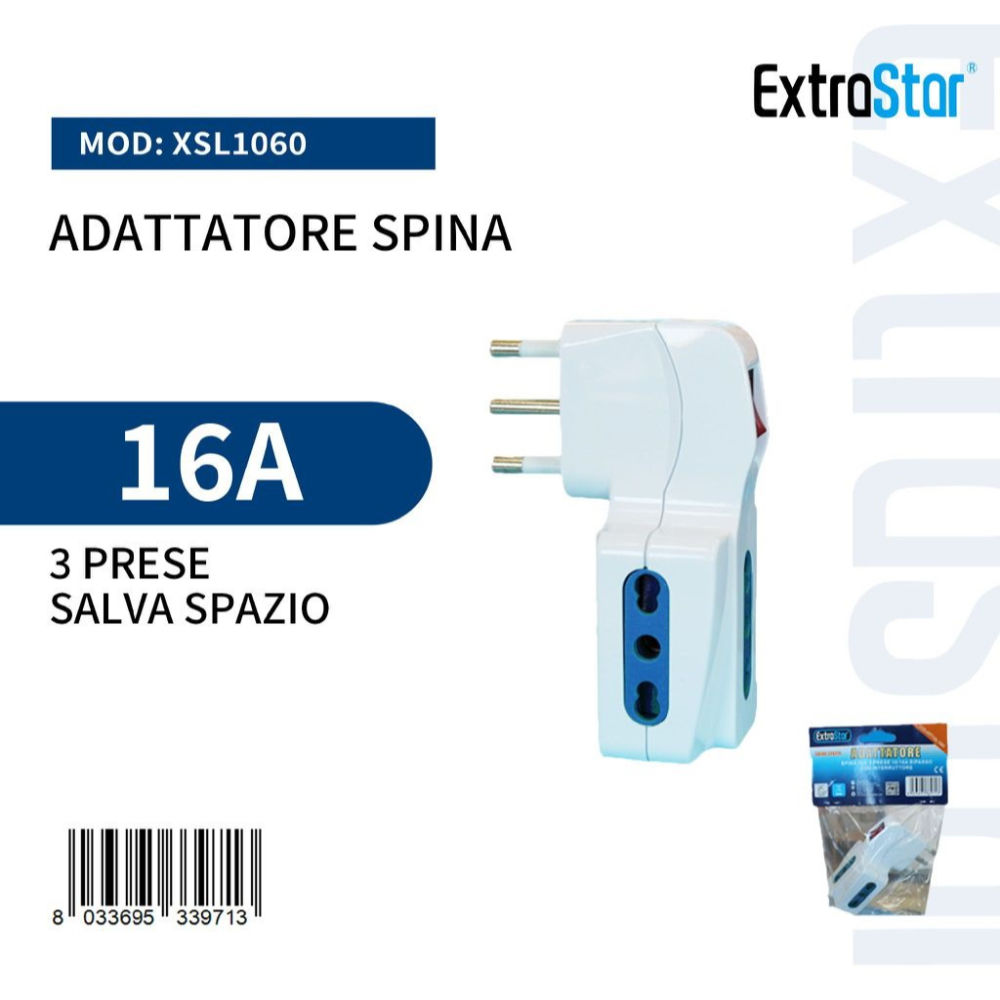 Adattatore Spina 16A - 3 Prese con  Interruttore Salva SpazioExtrastar