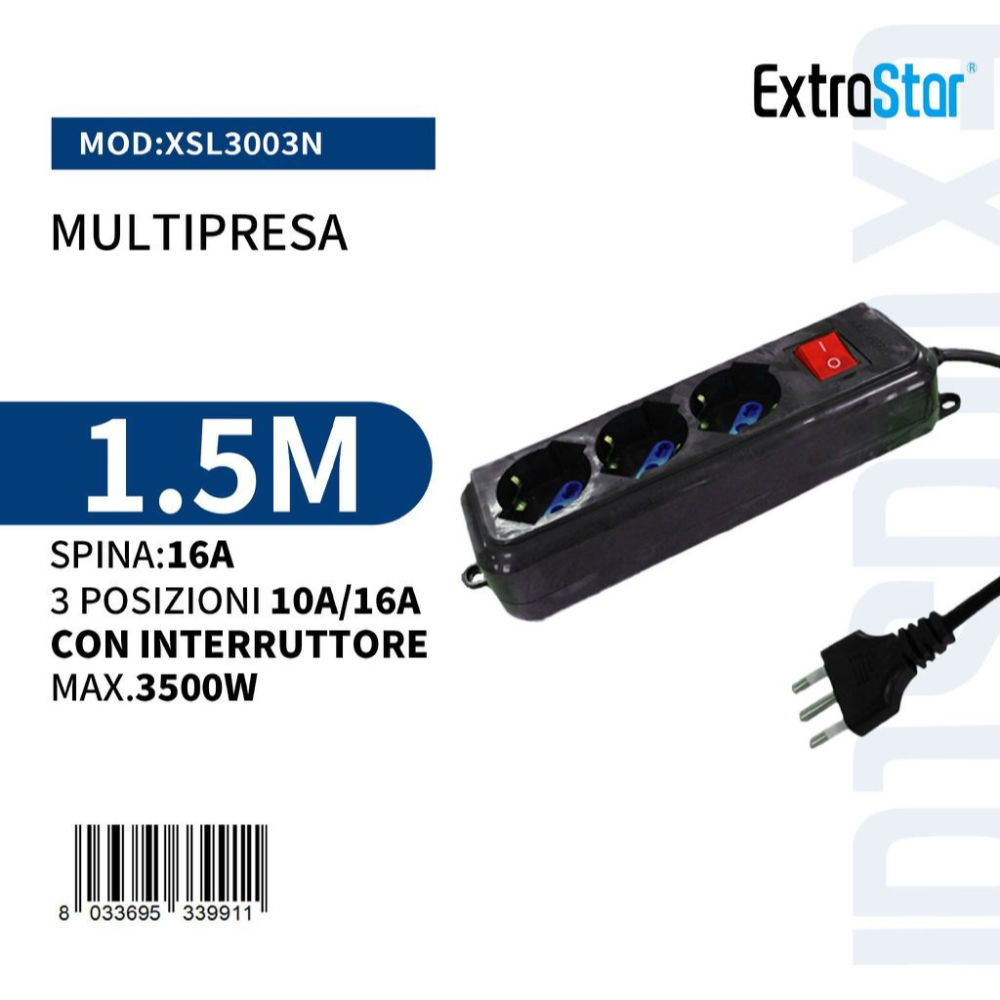 Multipresa 3 Posizioni 10/16A con Interruttore Spina 16A -1.5m NeroExtrastar