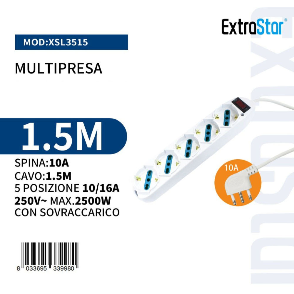 Multipresa 5 Posizioni 10/16A Spina 10A con Sovraccarico - 1,5mExtrastar