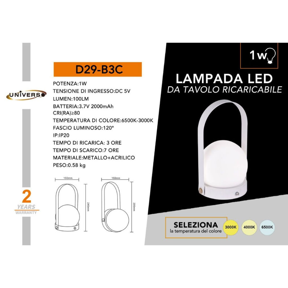 LUME LED RICARICABILE 1W 3000K-6500KUniverso