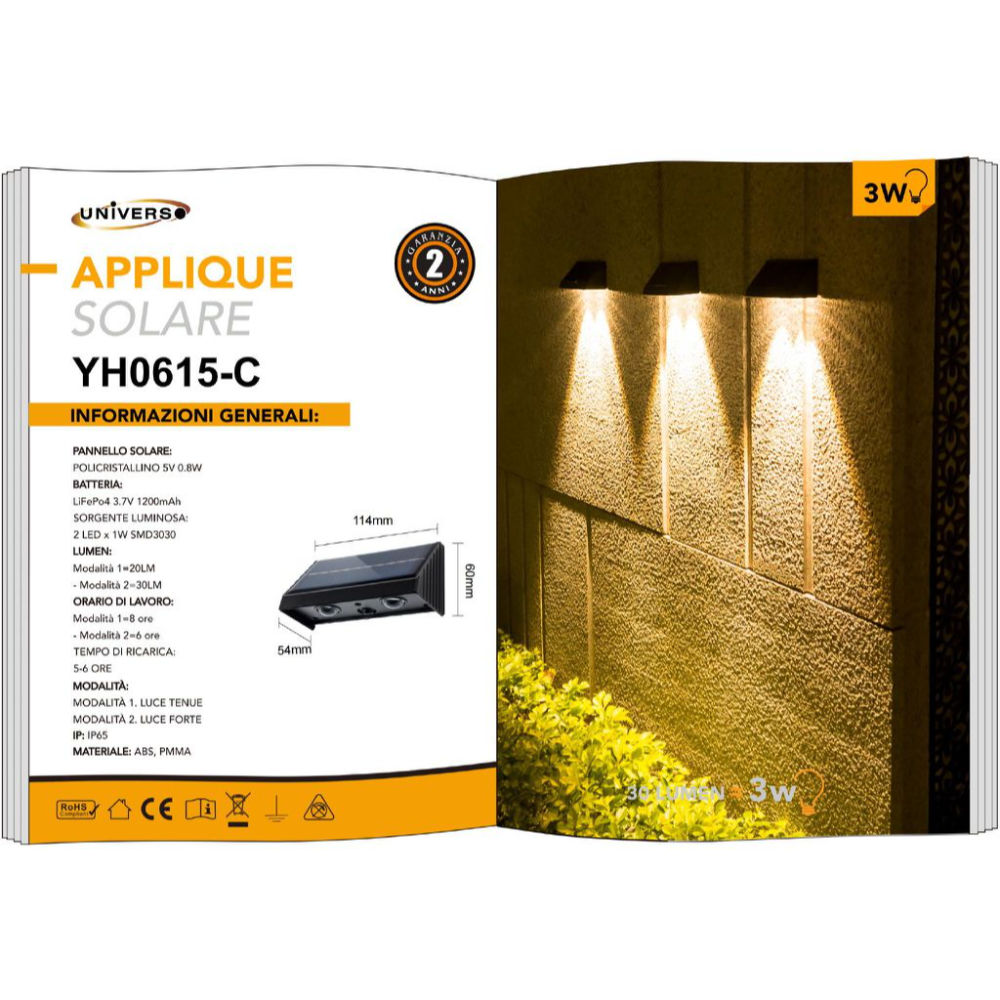 APPLIQUE SOLARE YH0615 - 3W/3000K CALDAUniverso