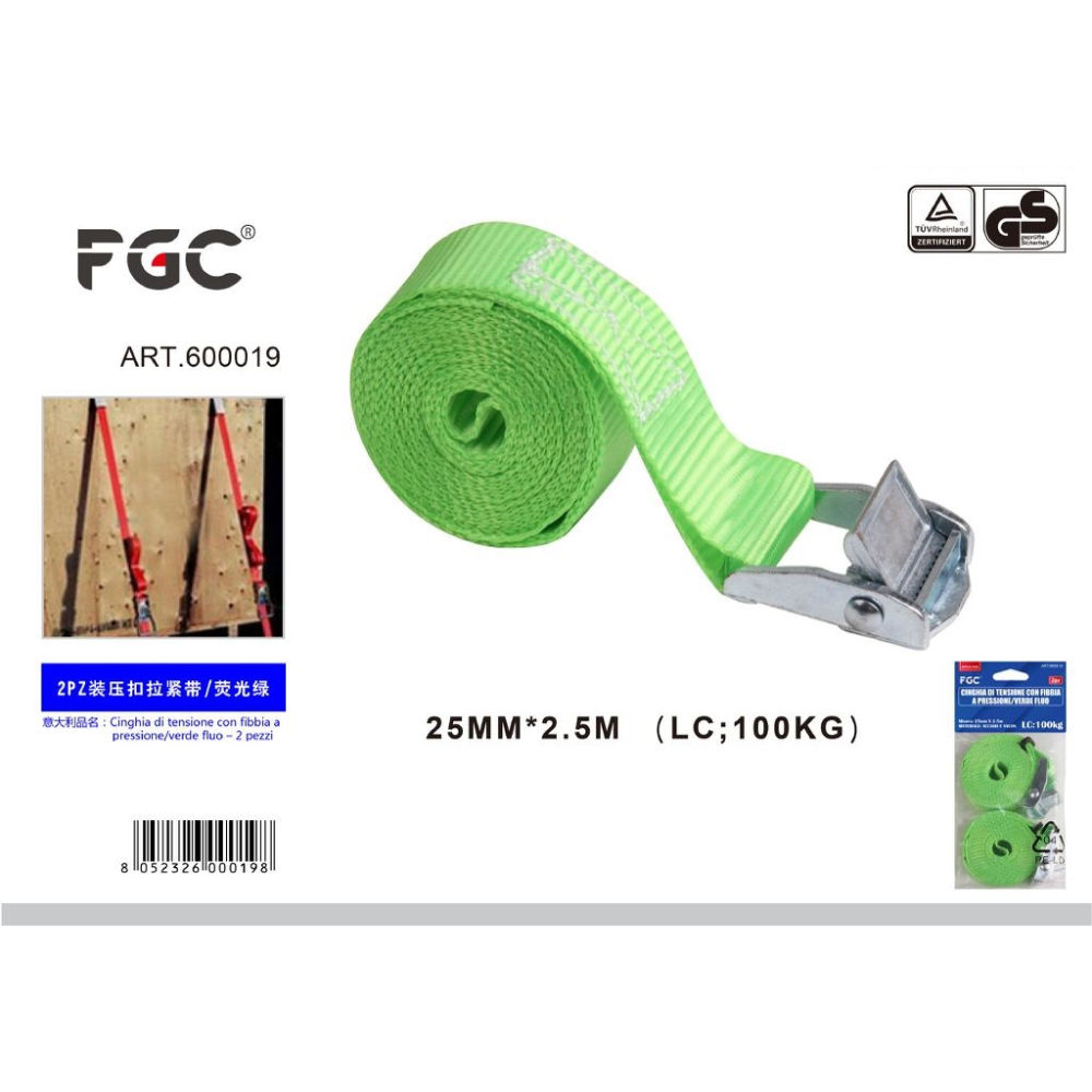 CINGHIA DI TENSIONE CON FIBBIA A PRESSIONE/VERDE FLUO 2 PZFgc