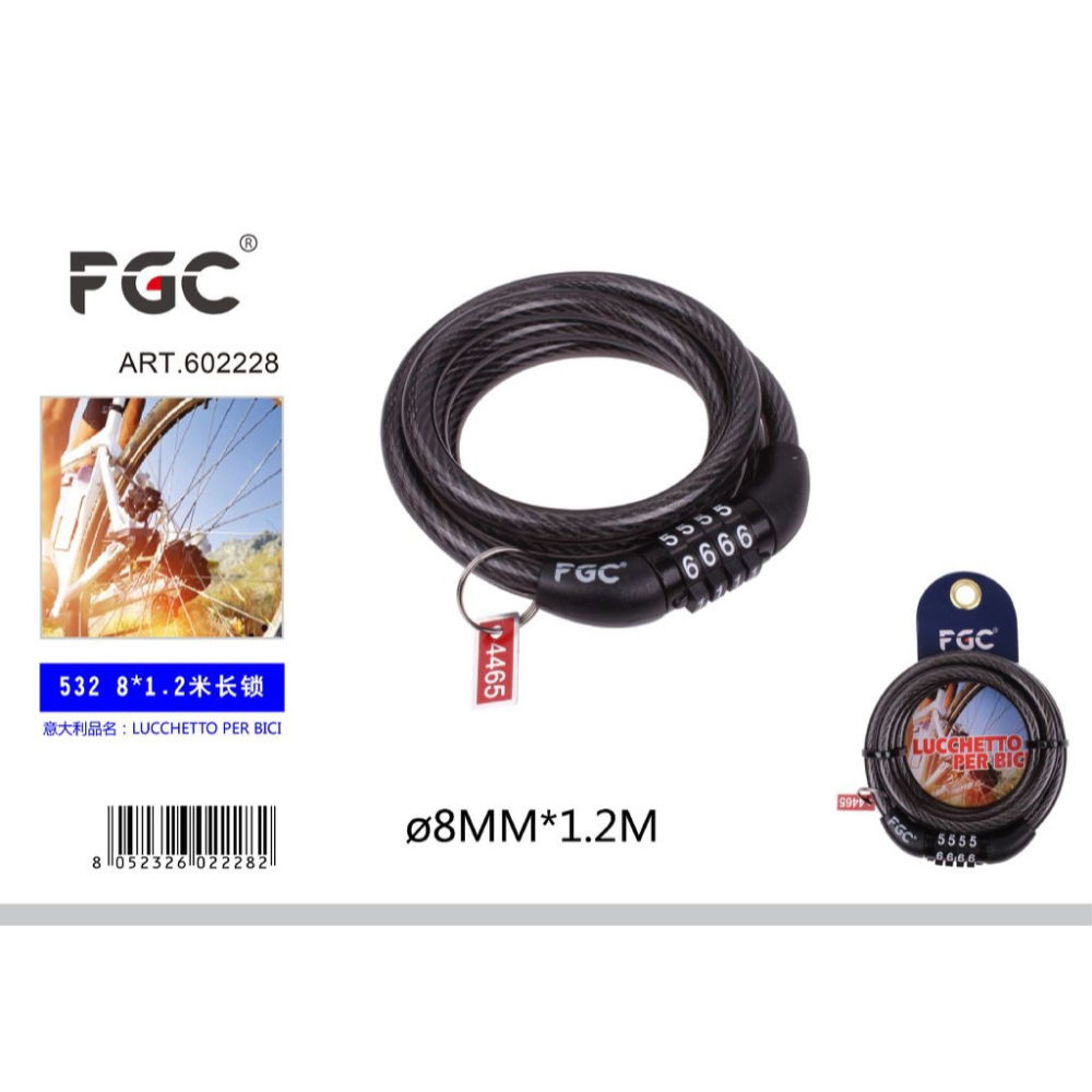 LUCCHETTO PER BICI C/COMB 4CIFRE TY532 8MM*1200MMFgc