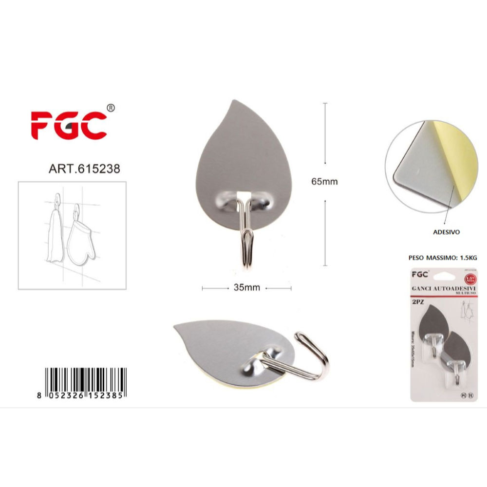 FGC Gancio in Acciaio 35x65cm - Foglia 2pzFgc