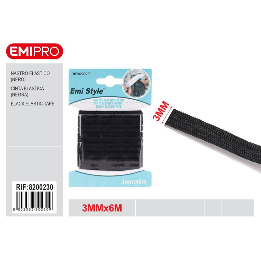 Emi Nastro Elastico Piatto 3mm/6m - NeroEmi