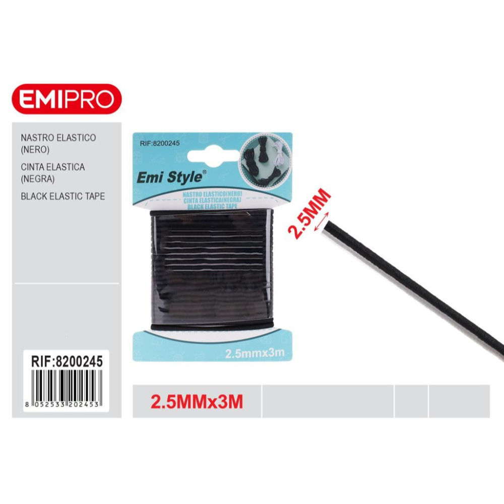 Emi Nastro Elastico Piatto 2,5mm/3m - NeroEmi