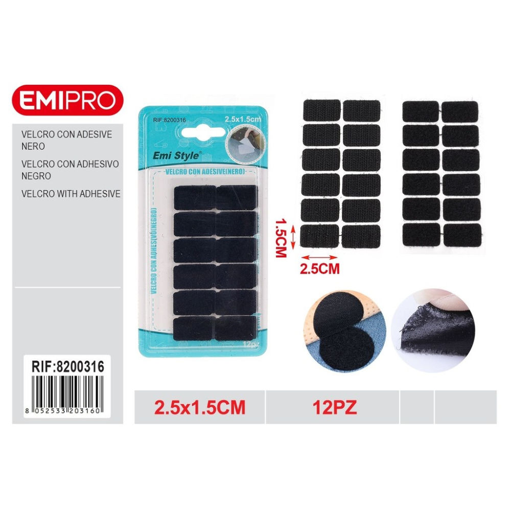 EMI Velcro con Adesivo Nero 2,5x1,5cm - 12pzEmi