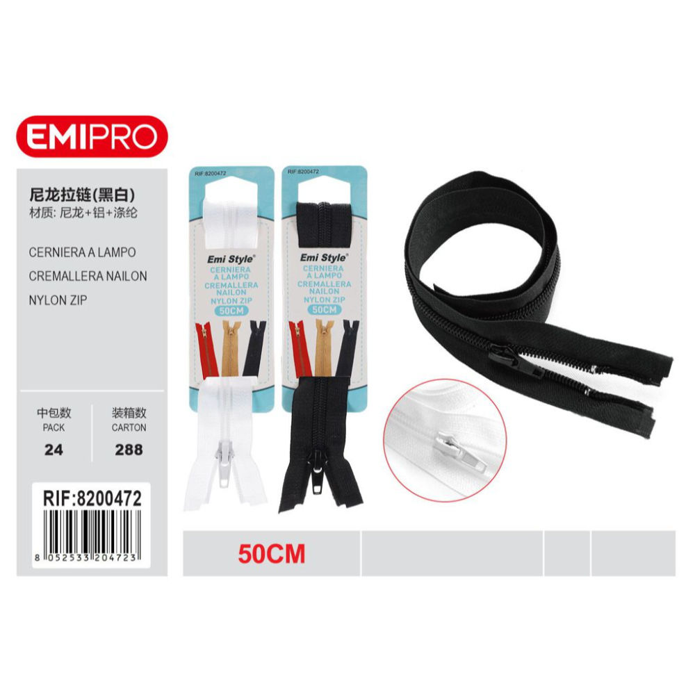Emi Cerniera Lampo Nylon Bianco/Nero - 50cmEmi