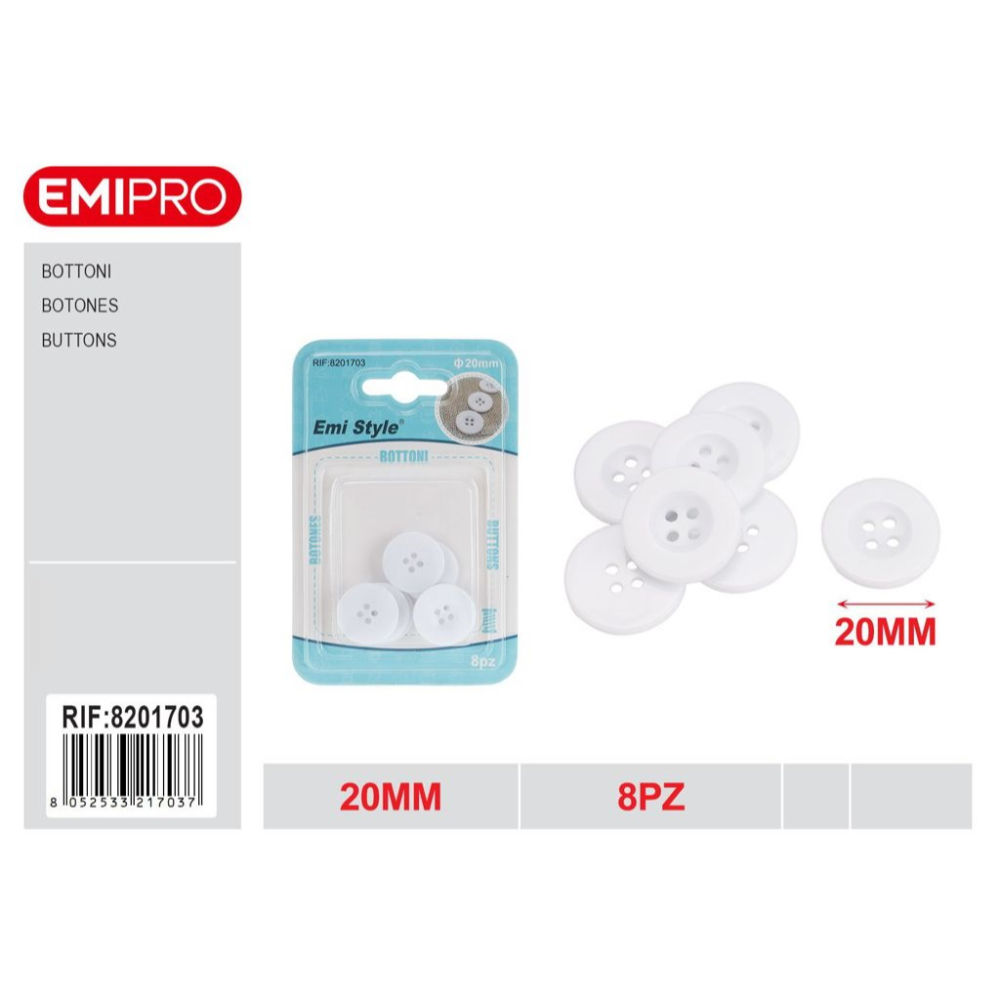 Emi Bottoni in Plastica 20mm Bianco - 8pzEmi