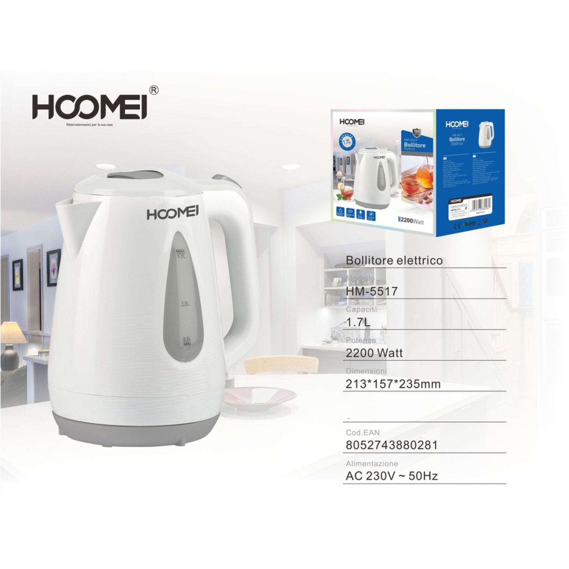 BOLLITORE ELETTRICO 2200W 1.7L HM-5517Hoomei