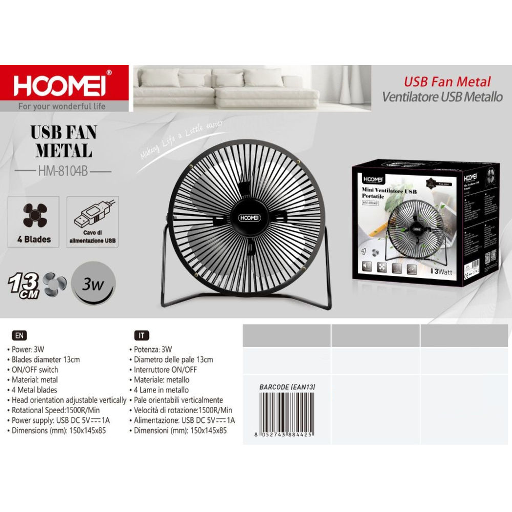 MINI VENTILATORE USB - NERO - 13CMHoomei