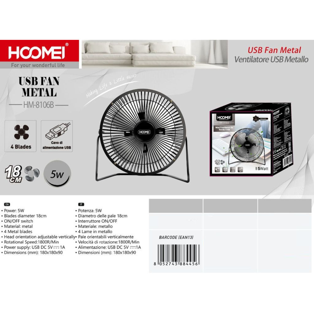 MINI VENTILATORE USB - NERO - 18CMHoomei