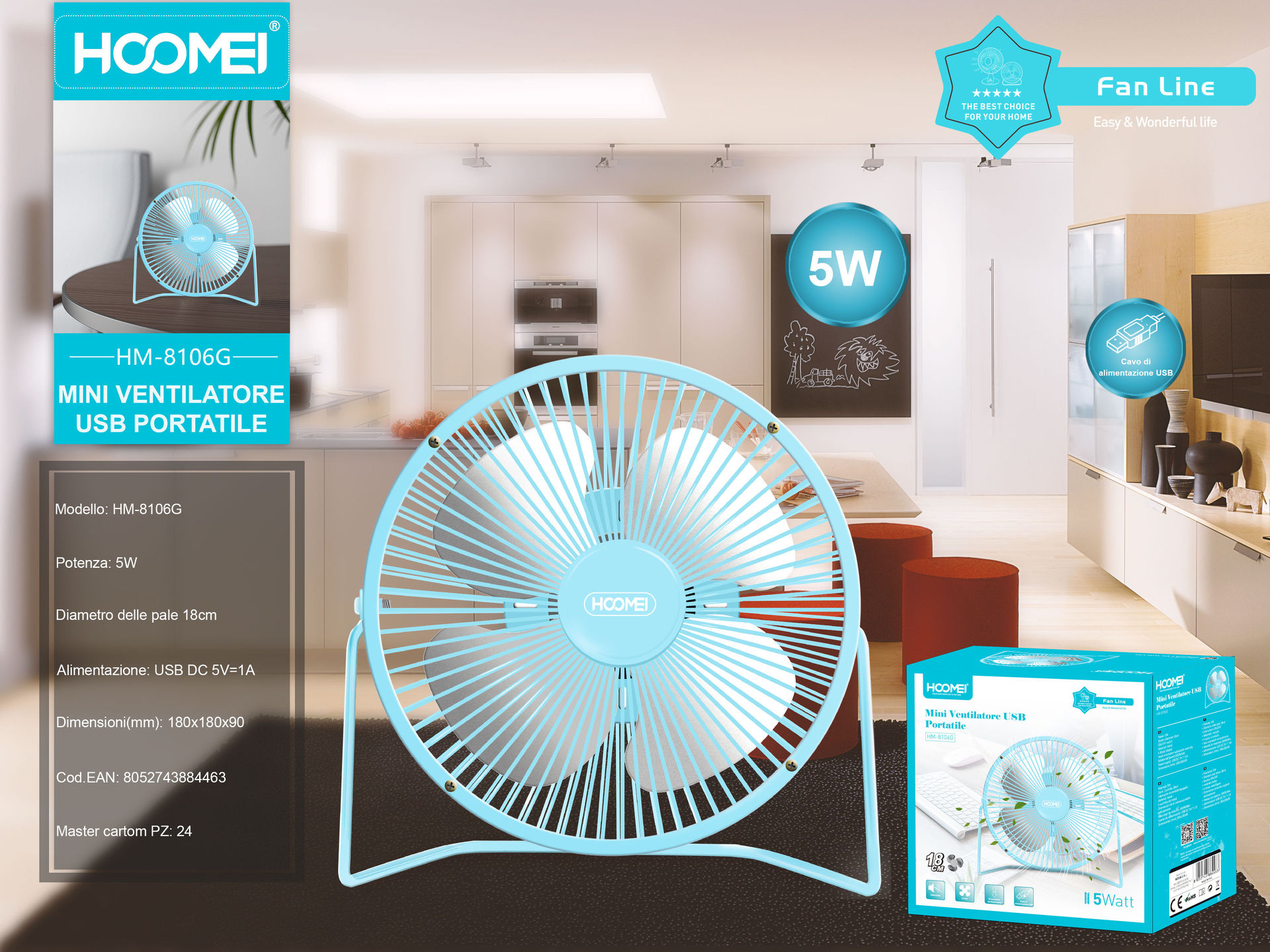 MINI VENTILATORE A USB 18CM HM-8106GHoomei