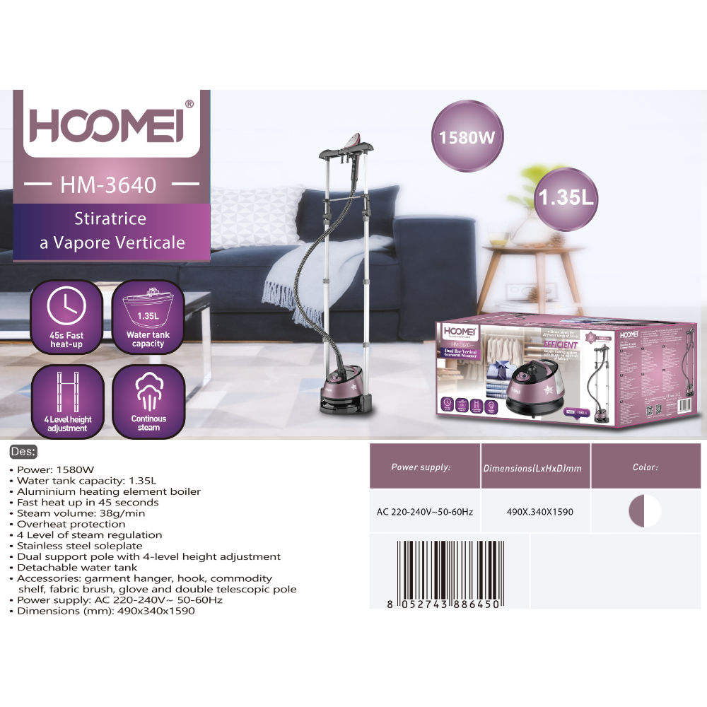 STIRATRICE A VAPORE 1580W 1.35L HM-3640Hoomei