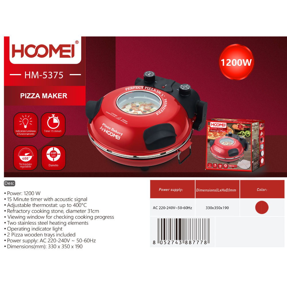 PIASTRA X PIZZA 1200W HM-5375Hoomei