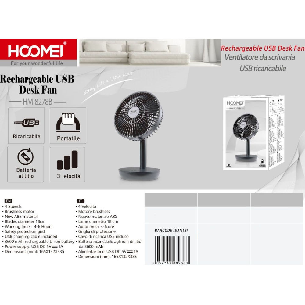 MINI VENTILATORE DA SCRIVANIA NERO - 18CMHoomei
