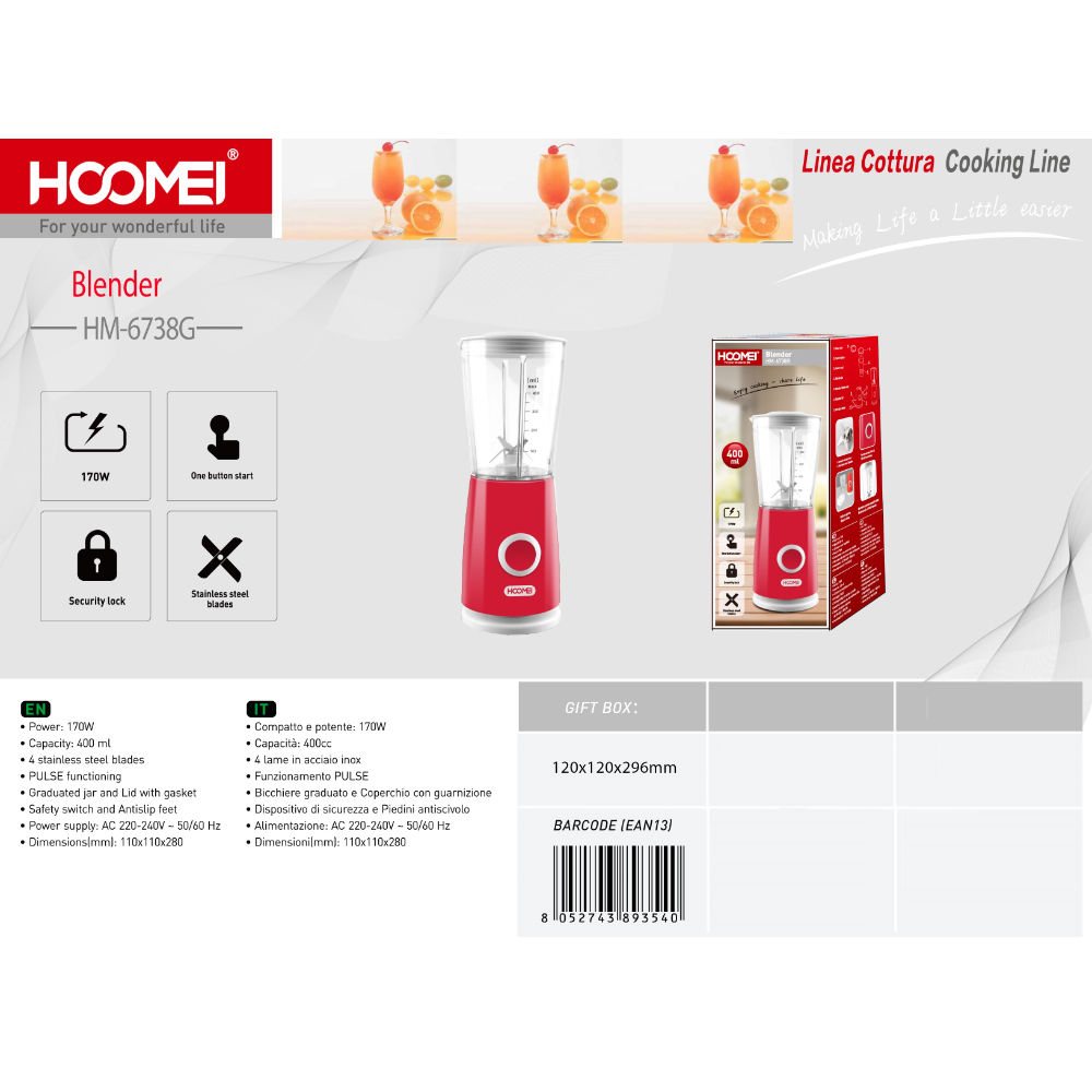FRULLATORE 0.4L 170W HM-6738RHoomei