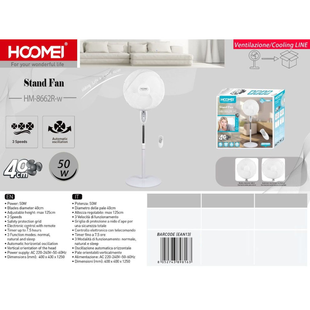 VENTILATORE A PIANTANA CON TELECOMANDO 50W - 125CMHoomei