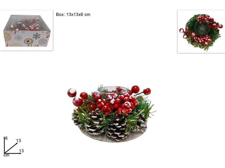 PORTACANDELA DECORATO CON BACCHE CON PIGNE 23GER121Due Esse