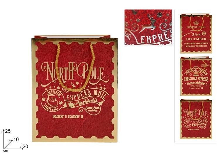 BUSTA REGALO ROSSA CON SCRITTA NATALIZIA ORO 25 X 20 X 10CMDue Esse