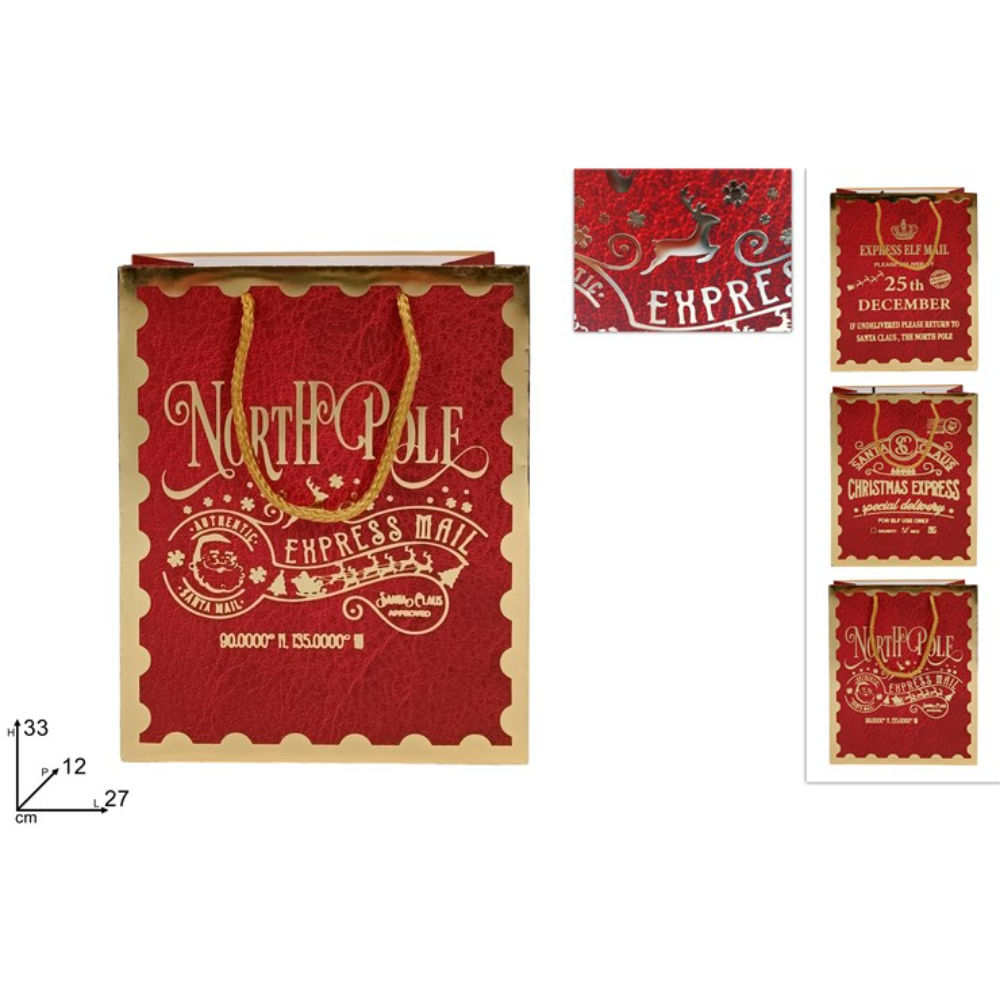 BUSTA REGALO ROSSA CON SCRITTA NATALIZIA ORO 33 X 27 X 12 CMDue Esse