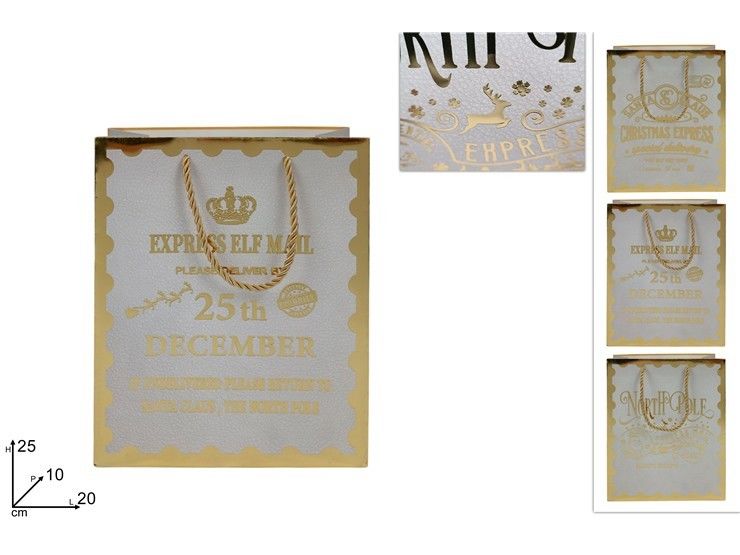 BUSTA REGALO BIANCA CON SCRITTA NATALIZIA ORO 25X20X10CM 3ASDue Esse