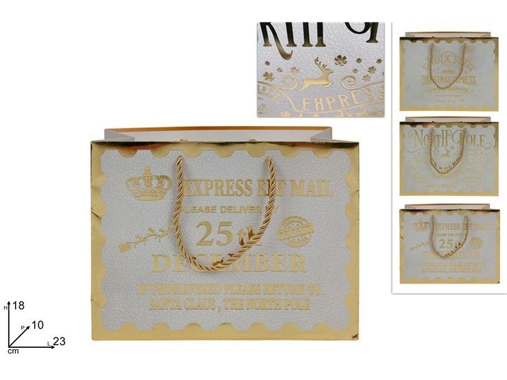 BUSTA REGALO ORIZZONTALE BIANCA SCRITTA NATALIZIA ORO 23X18XDue Esse