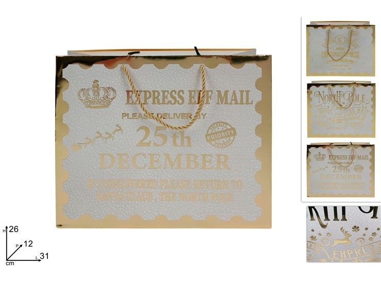 BUSTA REGALO ORIZZONTALE BIANCA SCRITTA NATALIZIA ORO 31X26XDue Esse